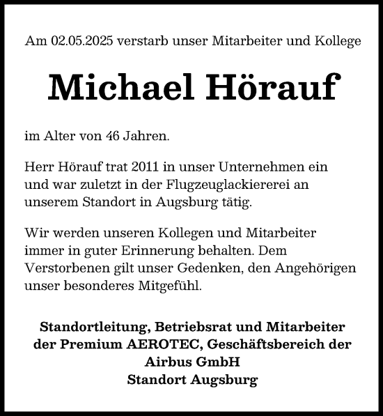 Traueranzeige von Michael Hörauf von Augsburger Allgemeine