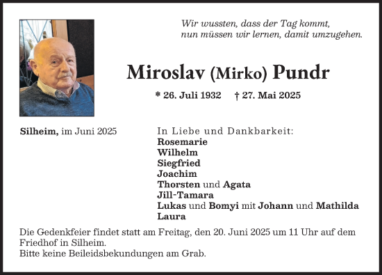 Traueranzeige von Miroslav Pundr von Neu-Ulmer Zeitung