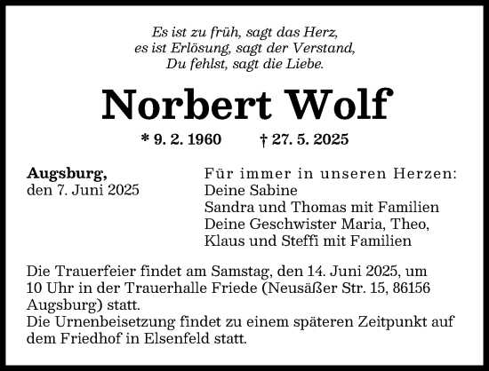 Traueranzeige von Norbert Wolf von Augsburger Allgemeine