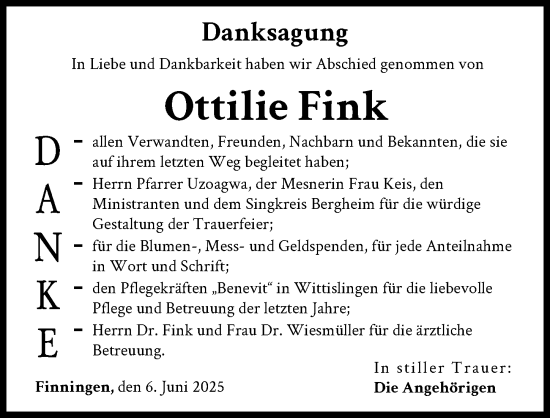 Traueranzeige von Ottilie Fink von Donau Zeitung