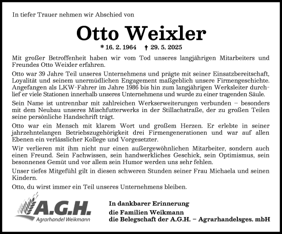 Traueranzeige von Otto Weixler von Mindelheimer Zeitung