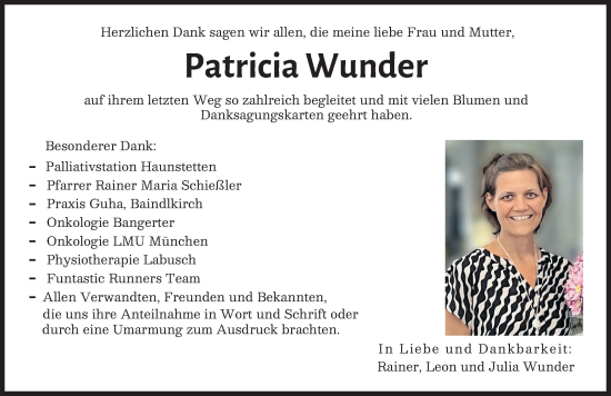 Traueranzeige von Patricia Wunder von Friedberger Allgemeine