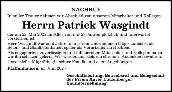 Traueranzeige von Patrick Wasgindt von Mindelheimer Zeitung