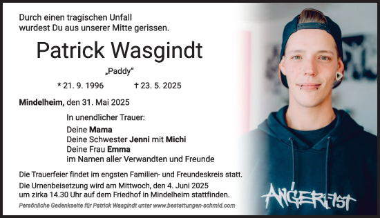 Traueranzeige von Patrick Wasgindt von Mindelheimer Zeitung