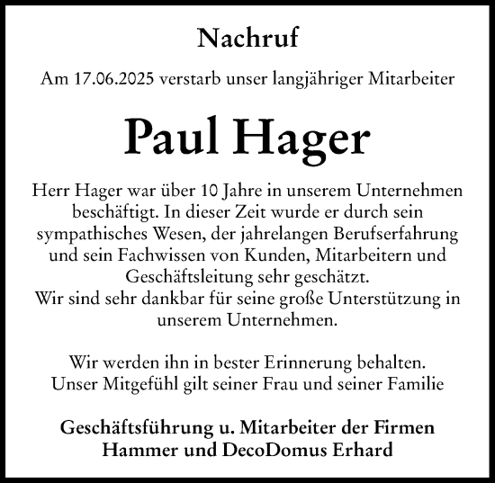Traueranzeige von Paul Hager von Rieser Nachrichten