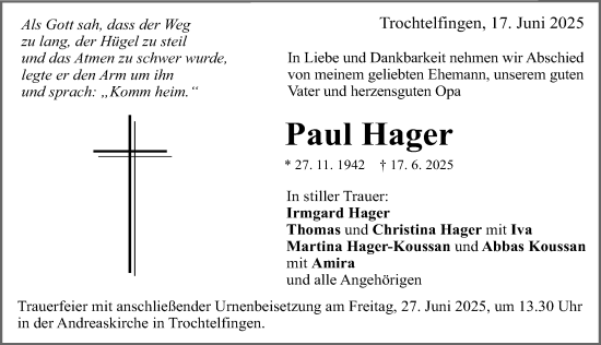 Traueranzeige von Paul Hager von Rieser Nachrichten