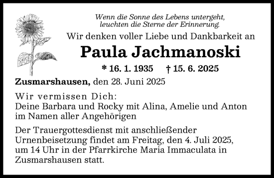Traueranzeige von Paula Jachmanoski von Augsburger Allgemeine