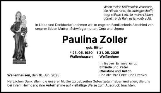 Traueranzeige von Paulina Zoller von Neu-Ulmer Zeitung