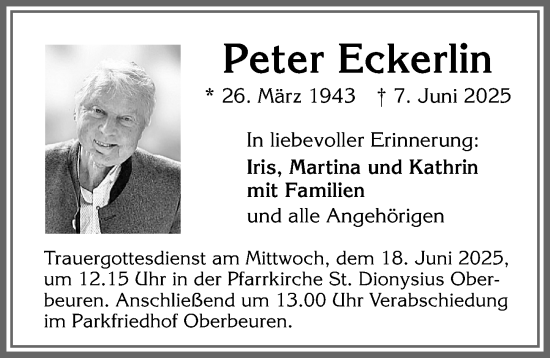 Traueranzeige von Peter Eckerlin von Günzburger Zeitung