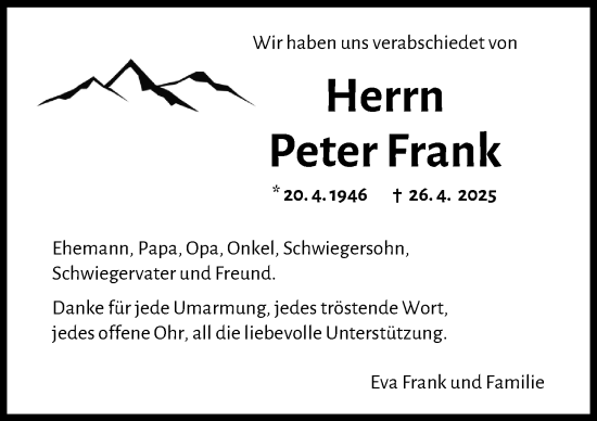 Traueranzeige von Peter Frank von Friedberger Allgemeine