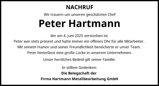 Traueranzeige von Peter Hartmann von Mittelschwäbische Nachrichten