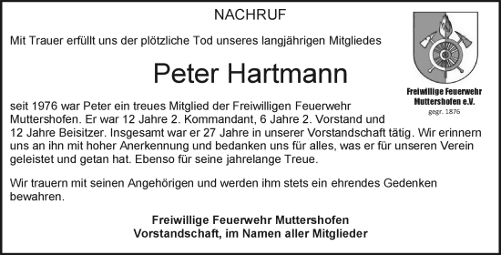 Traueranzeige von Peter Hartmann von Mittelschwäbische Nachrichten