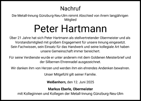 Traueranzeige von Peter Hartmann von Günzburger Zeitung, Mittelschwäbische Nachrichten