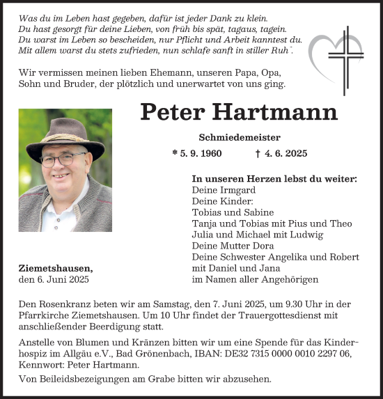 Traueranzeige von Peter Hartmann von Günzburger Zeitung, Mittelschwäbische Nachrichten