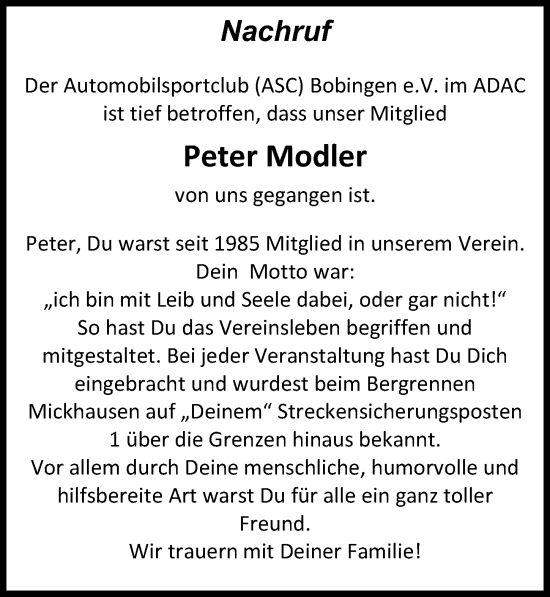 Traueranzeige von Peter Modler von Schwabmünchner Allgemeine