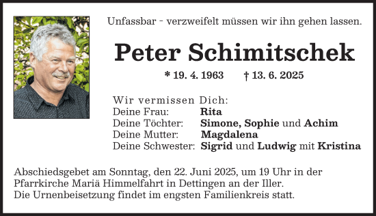 Traueranzeige von Peter Schimitschek von Illertisser Zeitung