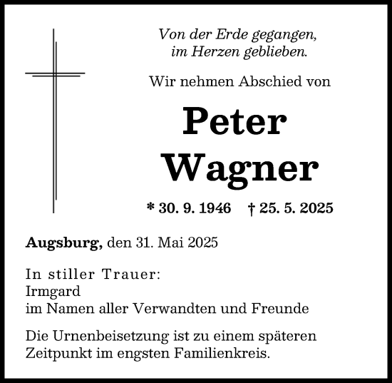 Traueranzeige von Peter Wagner von Augsburg-Land