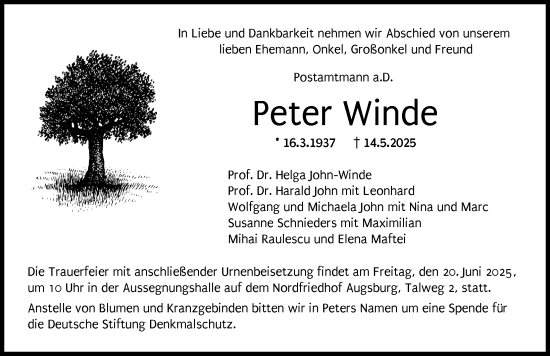 Traueranzeige von Peter Winde von Augsburger Allgemeine