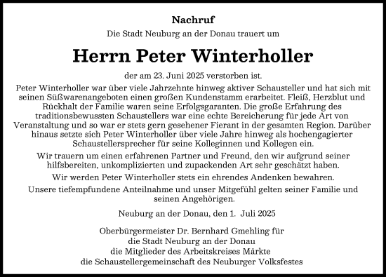 Traueranzeige von Peter Winterholler von Neuburger Rundschau