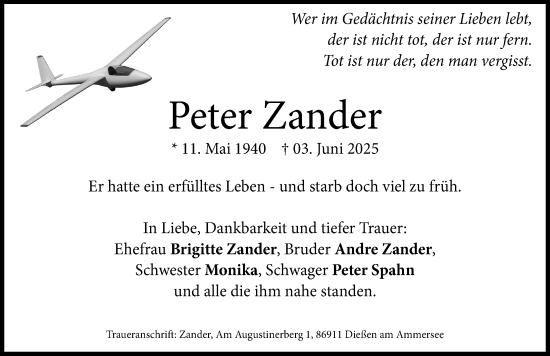 Traueranzeige von Peter Zander von Ammersee Kurier