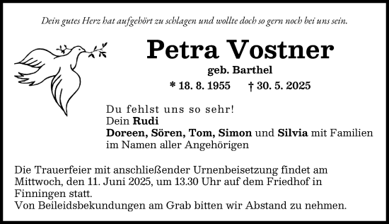 Traueranzeige von Petra Vostner von Neu-Ulmer Zeitung