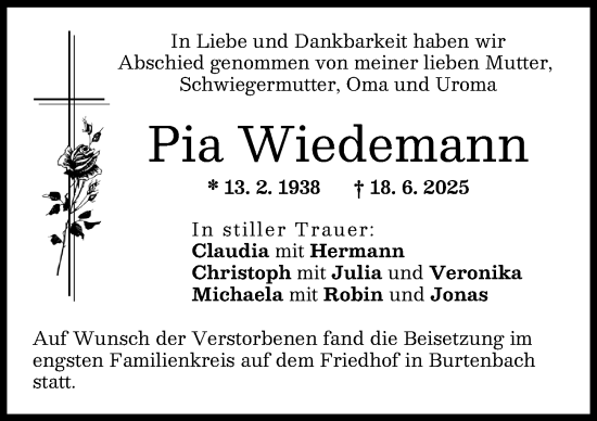 Traueranzeige von Pia Wiedemann von Günzburger Zeitung, Mittelschwäbische Nachrichten