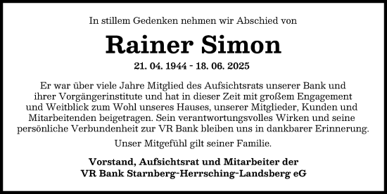 Traueranzeige von Rainer Simon von Landsberger Tagblatt