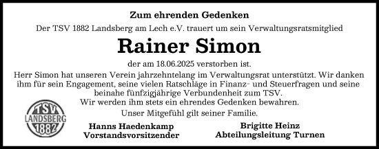 Traueranzeige von Rainer Simon von Landsberger Tagblatt