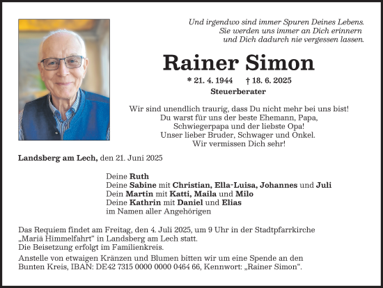 Traueranzeige von Rainer Simon von Landsberger Tagblatt