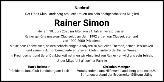 Traueranzeige von Rainer Simon von Landsberger Tagblatt