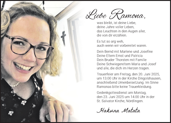 Traueranzeige von Ramona  von Rieser Nachrichten