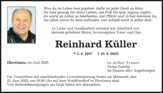 Traueranzeige von Reinhard Küller von Illertisser Zeitung