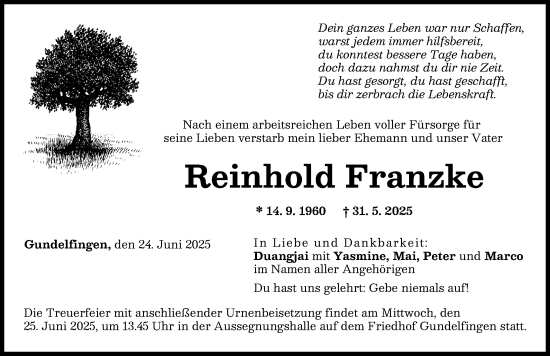 Traueranzeige von Reinhold Franzke von Donau Zeitung