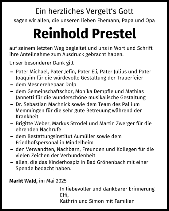 Traueranzeige von Reinhold Prestel von Mindelheimer Zeitung