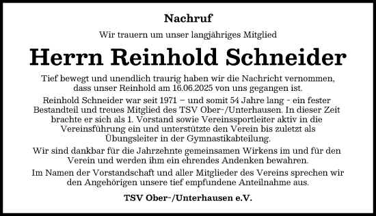 Traueranzeige von Reinhold Schneider von Neuburger Rundschau