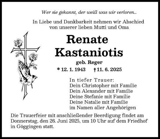 Traueranzeige von Renate Kastaniotis von Augsburger Allgemeine