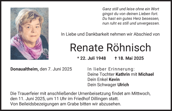 Traueranzeige von Renate Röhnisch von Donau Zeitung
