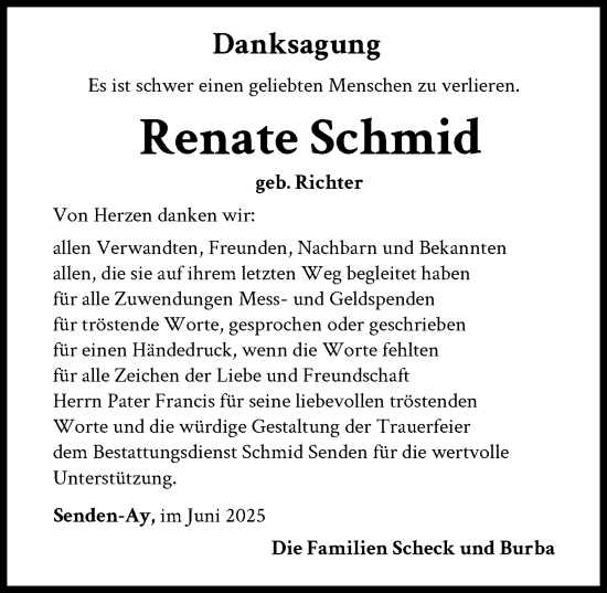 Traueranzeige von Renate Schmid von Neu-Ulmer Zeitung
