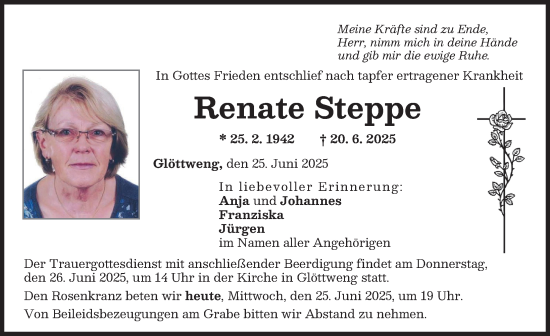 Traueranzeige von Renate Steppe von Günzburger Zeitung