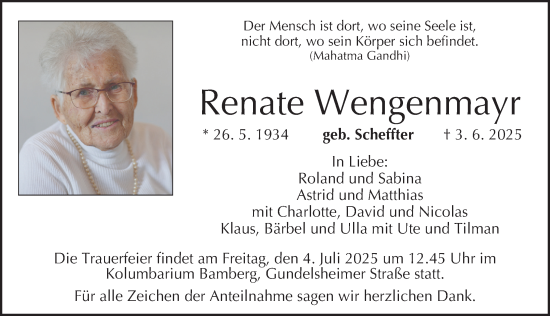 Traueranzeige von Renate Wengenmayr von Augsburger Allgemeine