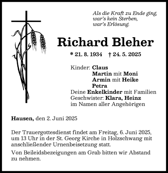 Traueranzeige von Richard Bleher von Neu-Ulmer Zeitung