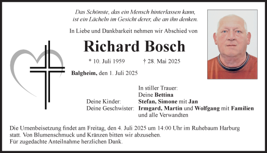 Traueranzeige von Richard Bosch von Rieser Nachrichten