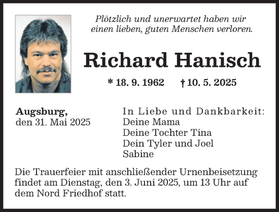 Traueranzeige von Richard Hanisch von Augsburger Allgemeine