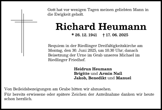 Traueranzeige von Richard Heumann von Donauwörther Zeitung