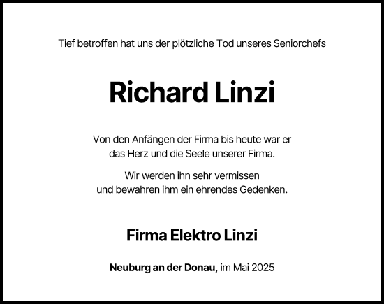 Traueranzeige von Richard Linzi von Neuburger Rundschau