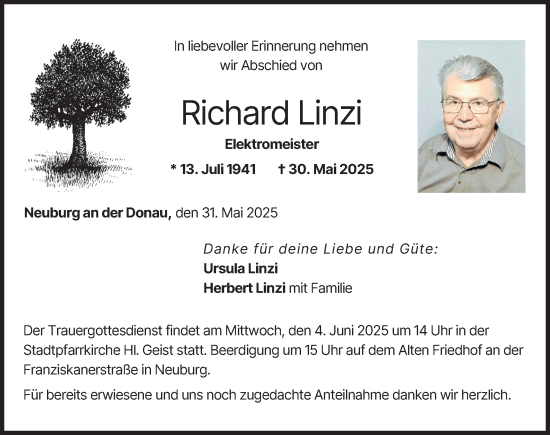 Traueranzeige von Richard Linzi von Neuburger Rundschau