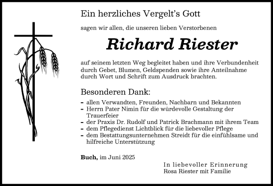 Traueranzeige von Richard Riester von Illertisser Zeitung