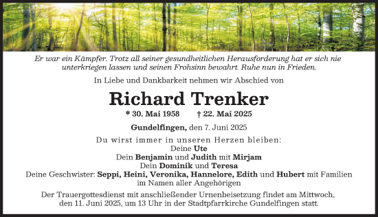 Traueranzeige von Richard Trenker von Donau Zeitung