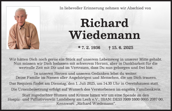 Traueranzeige von Richard Wiedemann von Landsberger Tagblatt