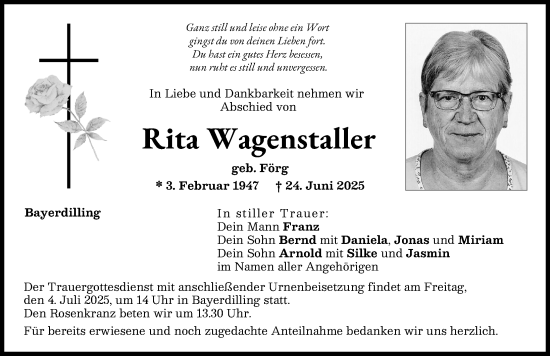 Traueranzeige von Rita Wagenstaller von Donauwörther Zeitung